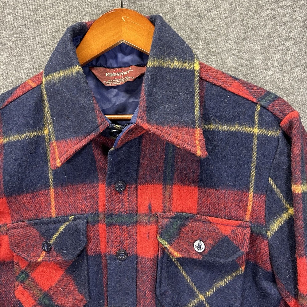 Sears Kingsport Mens Small Red Blue Plaid Jacket Wool Linen Blend